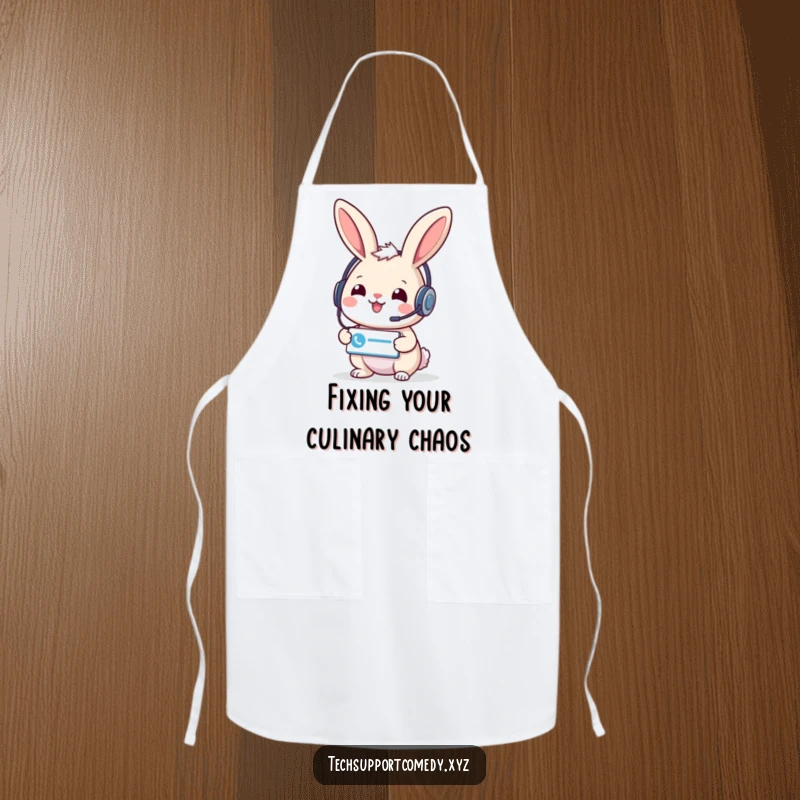Cheerful funny rabbit wearing a headset holds a support ticket icon, a whimsical and practical kitchen apron.