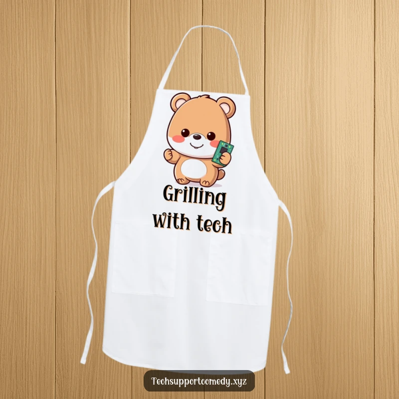 Funny apron with a happy bear character, smiling and holding a glowing motherboard, ideal for tech enthusiasts.