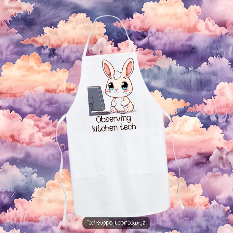 Funny apron with a curious rabbit character, looking with wide eyes at a computer screen, ideal for tech-minded chefs.