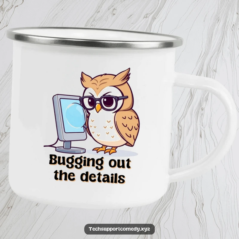 Durable funny owl in small glasses peering intently at a computer screen with a magnifying glass on a camping mug.