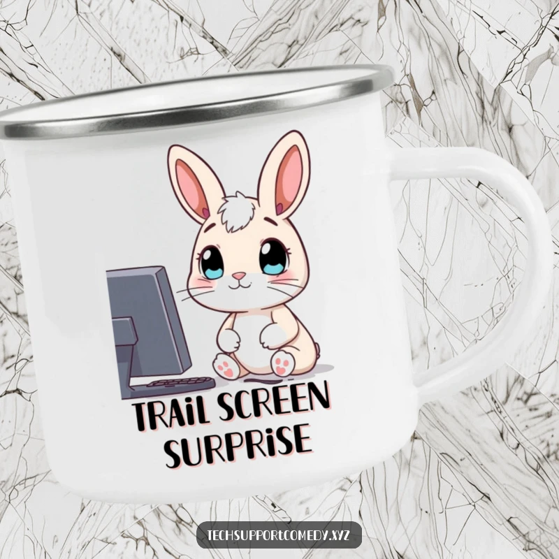 Funny camping mug with a curious rabbit character, looking with wide eyes at a computer screen, ready for digital exploration.