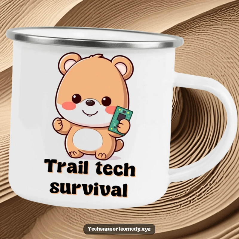 Funny camping mug with a happy bear character, smiling and holding a glowing motherboard, ready for outdoor tech fun.