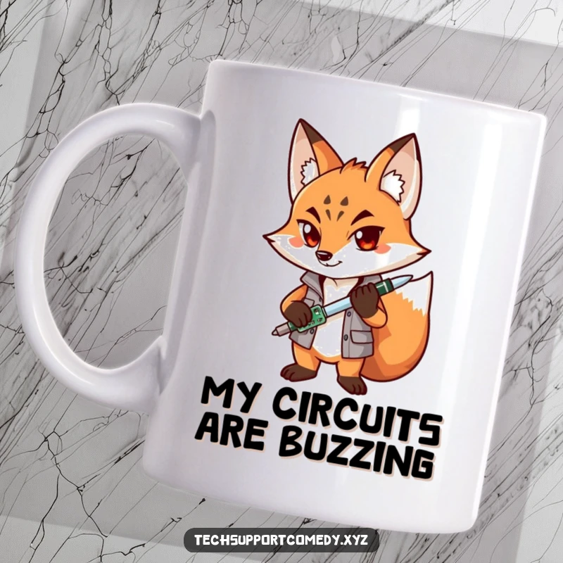 Funny Fox Mechanic Mug featuring a determined fox holding a screwdriver and circuit board, ready to tackle any tech repair with a smile.