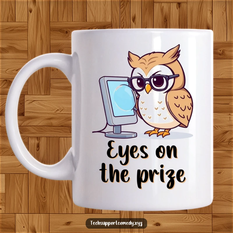 Funny owl wearing small glasses, intently peering at a computer screen through a magnifying glass on a mug.