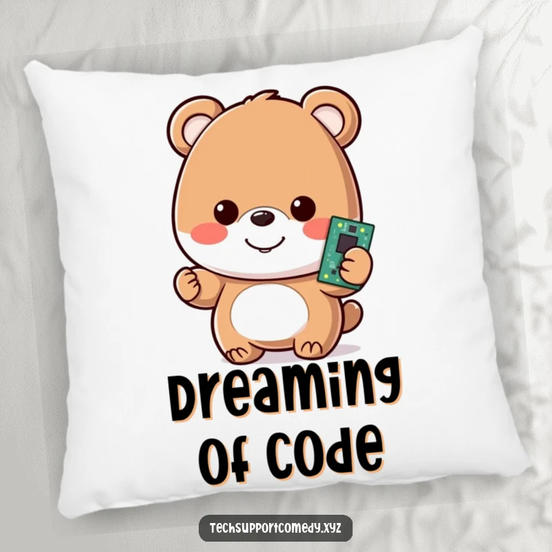 Funny pillow featuring a happy bear character, smiling and holding a glowing motherboard, adding techy comfort.