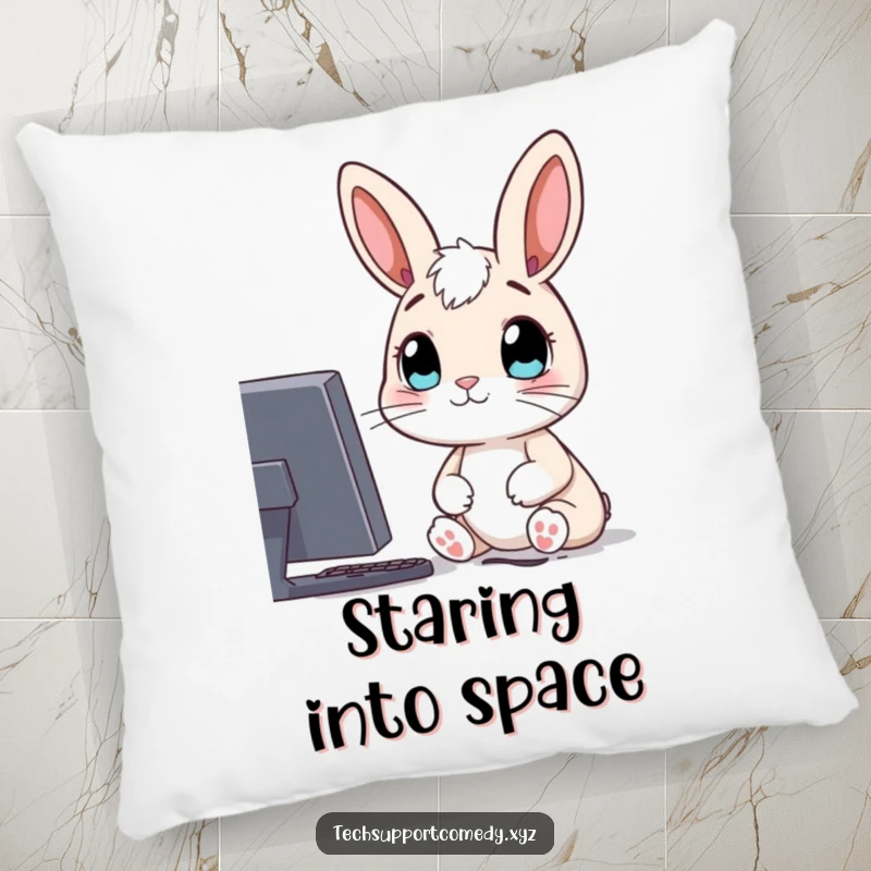 Funny pillow featuring a curious rabbit character, looking with wide eyes at a computer screen, adding comfort and intrigue.