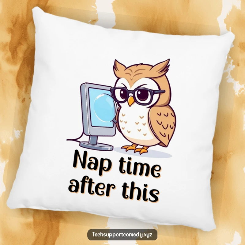 Soft funny owl in small glasses using a magnifying glass to scrutinize a computer screen, a decorative pillow.