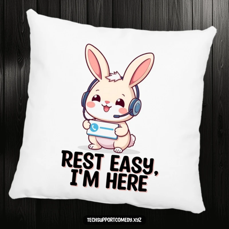 Soft funny rabbit in a headset offering a support ticket icon, a cozy and humorous decorative pillow.
