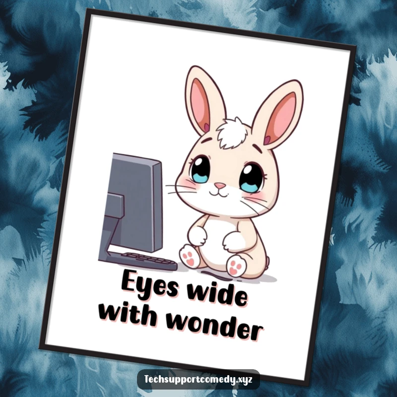 Funny digital art print of a curious rabbit character, looking with wide eyes at a computer screen, ready for framing.