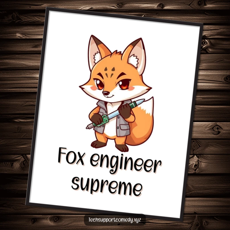 Funny Fox Mechanic Digital Art Print: A determined fox character skillfully handles a screwdriver and circuit board, bringing humor to digital art.