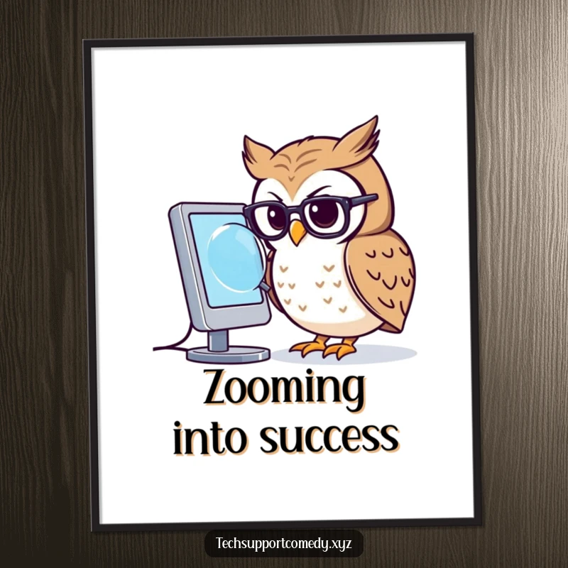 High-resolution funny owl in small glasses magnifying a computer screen, ideal for digital display or printing.