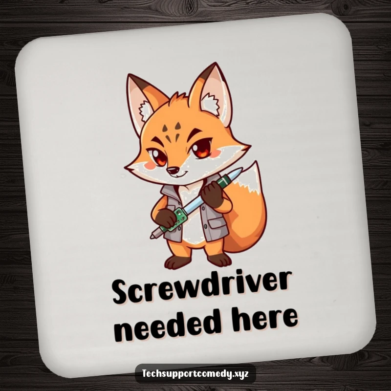 Funny Fox Mechanic Coasters: Determined fox character holding tools, protecting surfaces with a smile.