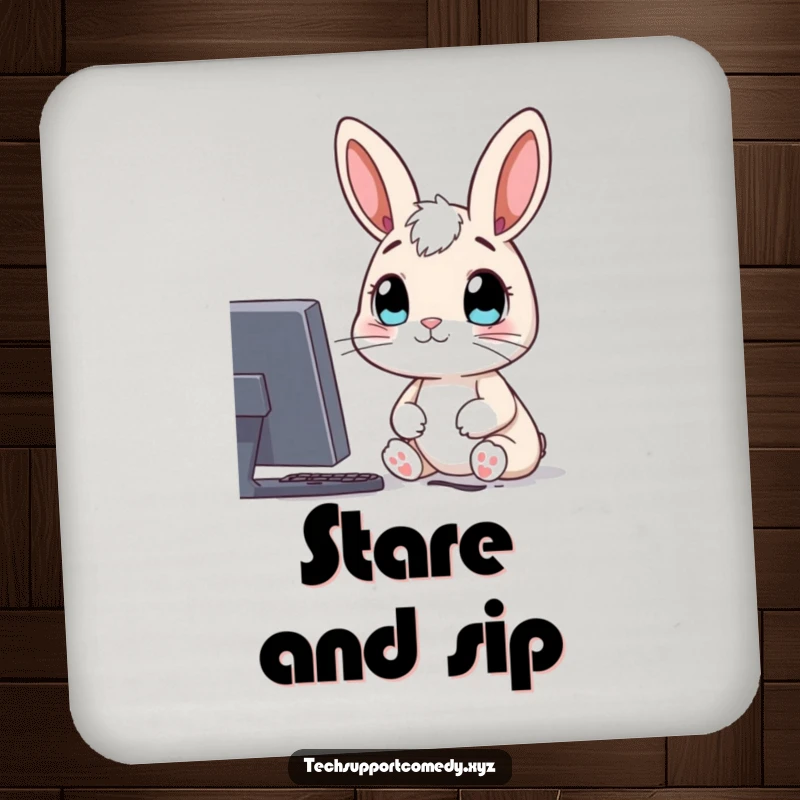 Funny coasters featuring a curious rabbit character, looking with wide eyes at a computer screen, protecting furniture with digital flair.