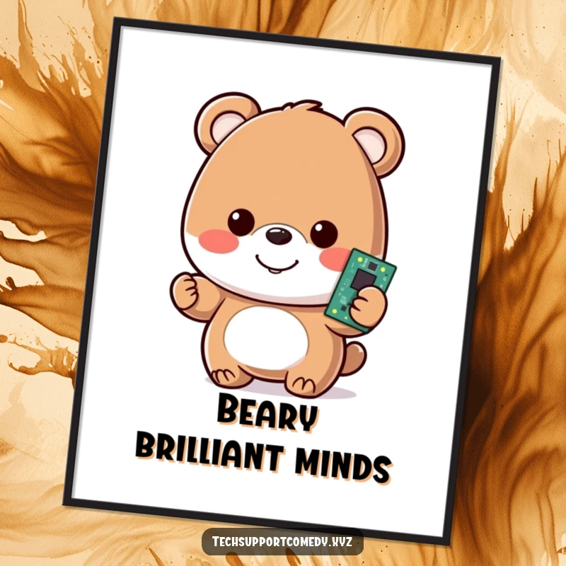 Funny poster of a happy bear character, smiling and holding a glowing computer motherboard, ideal for tech decor.