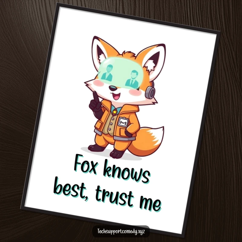 Funny free printable wall art of a playful fox in a smart vest pointing at a glowing diagnostic light, signifying innovation.