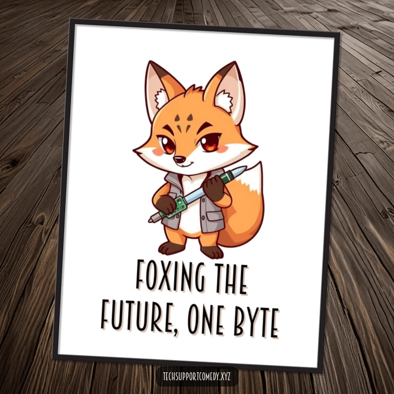 Funny Free Printable Wall Art: Determined fox character diligently fixing a circuit board with tools.
