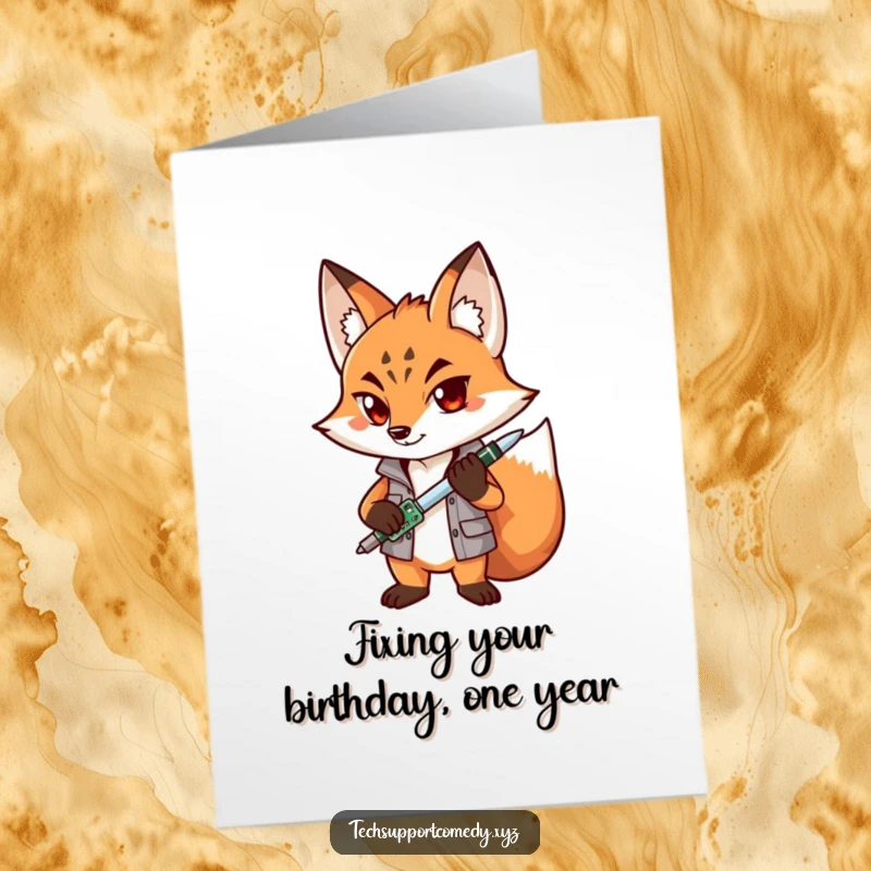 Funny Free Printable Birthday Card: Determined fox with screwdriver fixing a circuit board, ready to celebrate.