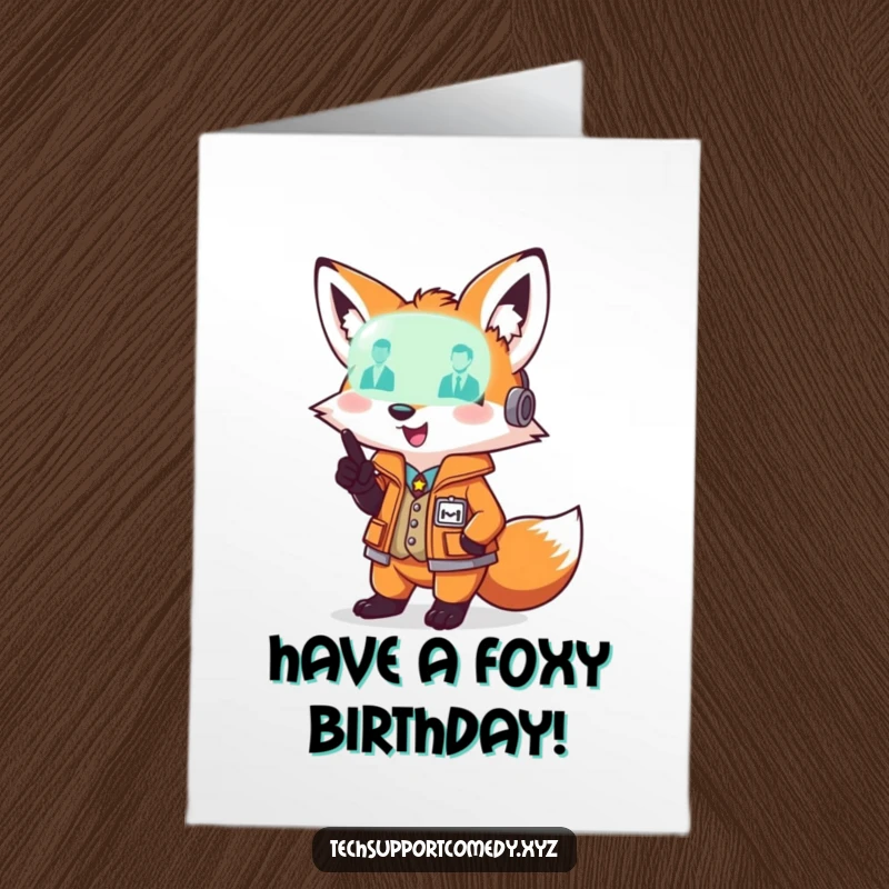Funny free printable birthday card of a playful fox in a vest pointing at a glowing diagnostic light for a bright celebration.