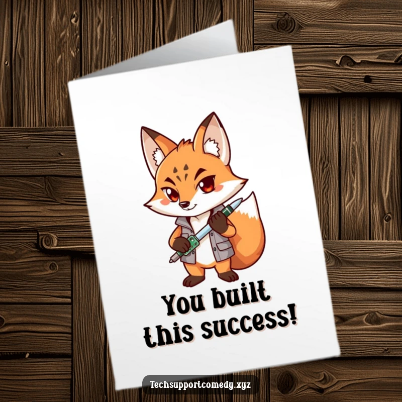 Funny Free Printable Congrats Card: Enthusiastic fox holding tools, congratulating on a job well done.
