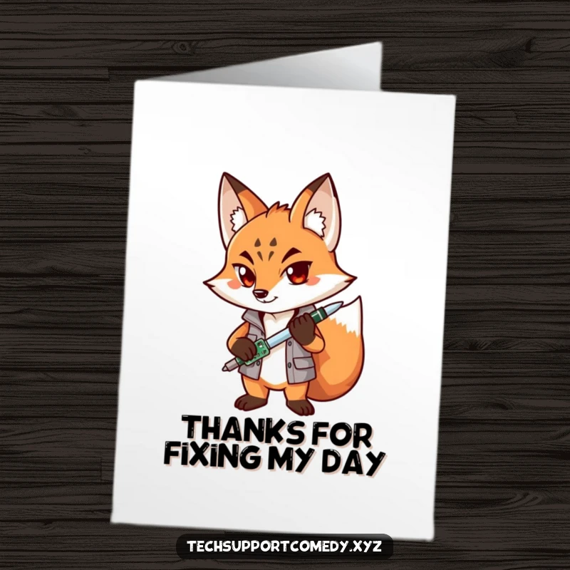 Funny Free Printable Thank You Card: Determined fox with a screwdriver offers heartfelt thanks and support.