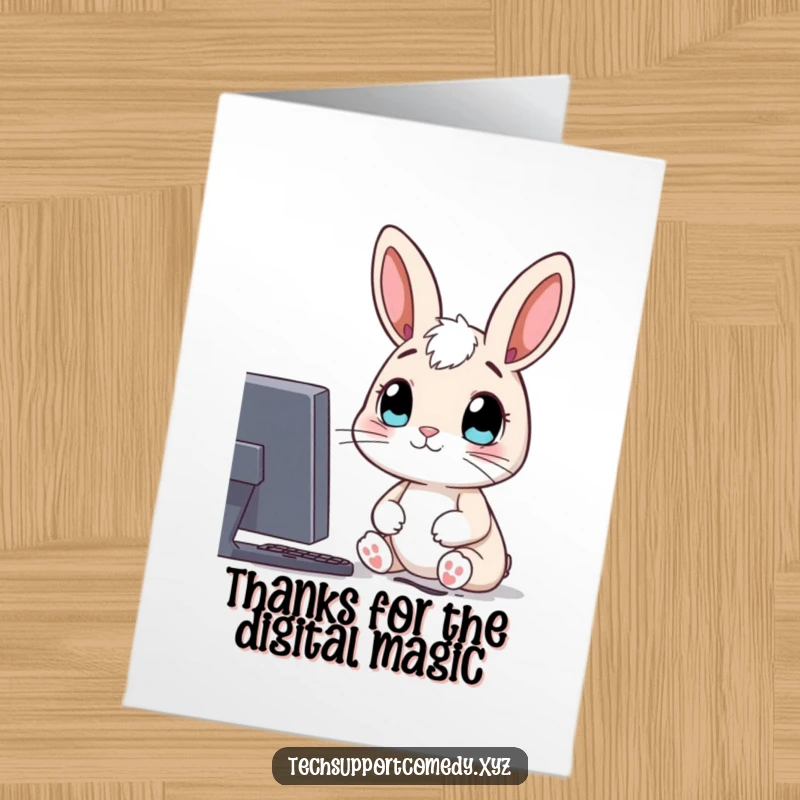 Funny Free Printable Thank You Card: A curious rabbit with wide eyes gazes at a computer screen, offering heartfelt thanks.