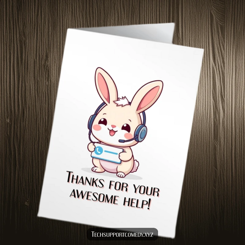 Funny free printable thank you card featuring a cheerful rabbit wearing a headset and offering a support ticket icon.