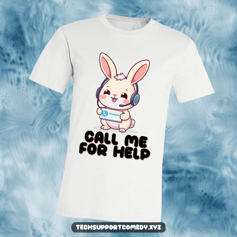 Cheery funny rabbit in a headset extends a support ticket icon, symbolizing helpfulness on a t-shirt.
