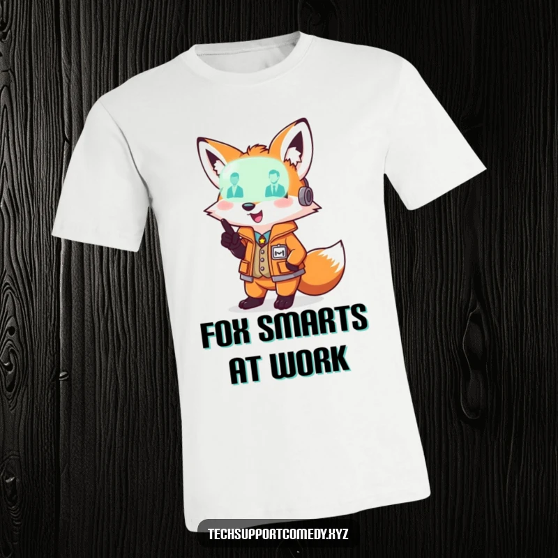 Playful funny fox in a smart vest indicates a glowing diagnostic light, symbolizing expertise on a t-shirt.
