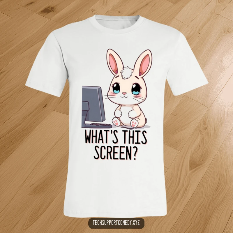 Funny t-shirt featuring a curious rabbit character, gazing with wide eyes at a glowing computer screen, symbolizing wonder.