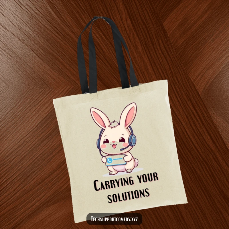 Charming funny rabbit in a headset holds a support ticket icon, a functional and humorous tote bag for helpers.