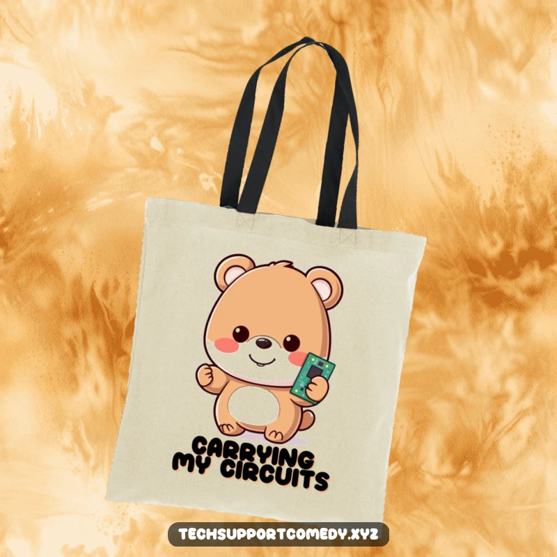 Funny tote bag showcasing a happy bear character, smiling and holding a glowing motherboard, perfect for tech enthusiasts.