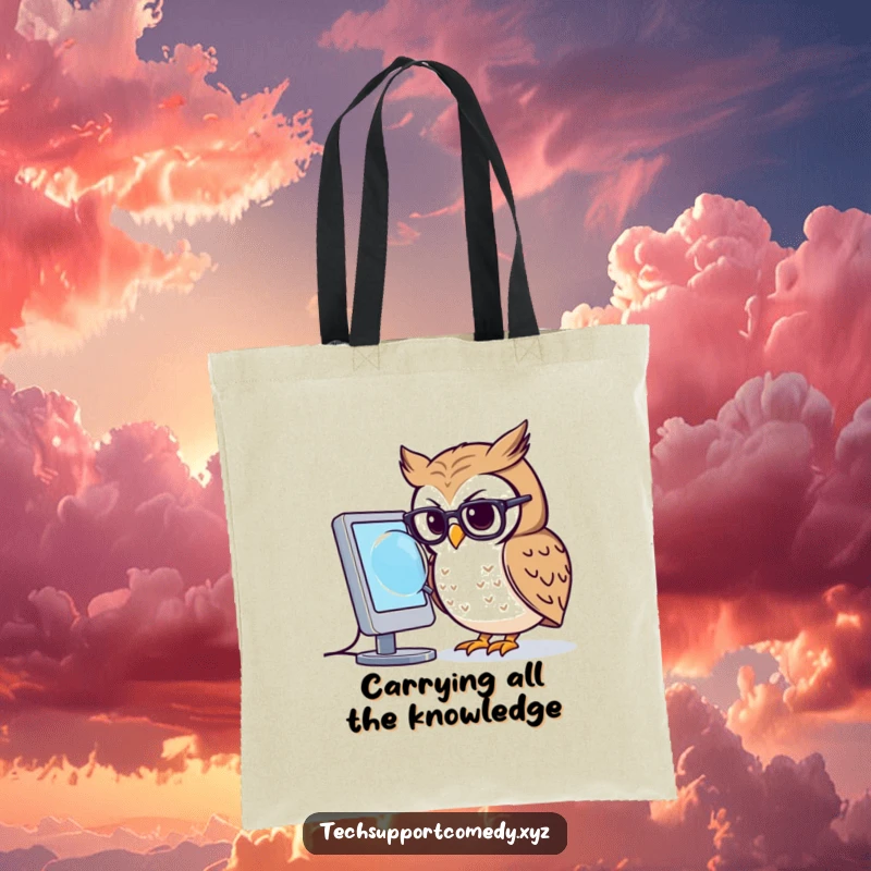 Smart funny owl with glasses examining a computer screen via magnifying glass, a functional and humorous tote bag.