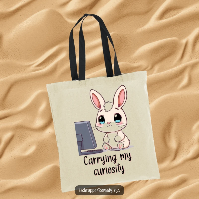 Funny tote bag showcasing a curious rabbit character, looking with wide eyes at a computer screen, ideal for carrying tech.